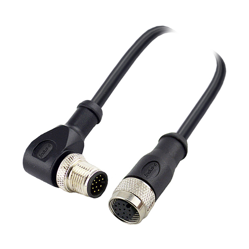 M12 12pins A code male right angle to female straight molded cable,shielded,PUR,-40°C~+105°C,26AWG 0.14mm²,brass with nickel plated screw
